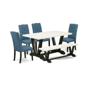 EAST WEST FURNITURE 6-PIECE DINING ROOM TABLE SET WITH 4 KITCHEN PARSON CHAIRS - MID CENTURY MODERN DINING BENCH AND RECTANGULAR WOOD TABLE