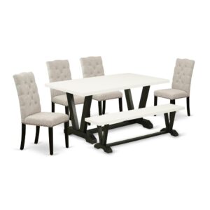 EAST WEST FURNITURE 6-PIECE DINETTE SET WITH 4 UPHOLSTERED DINING CHAIRS - MID CENTURY MODERN BENCH AND RECTANGULAR KITCHEN TABLE