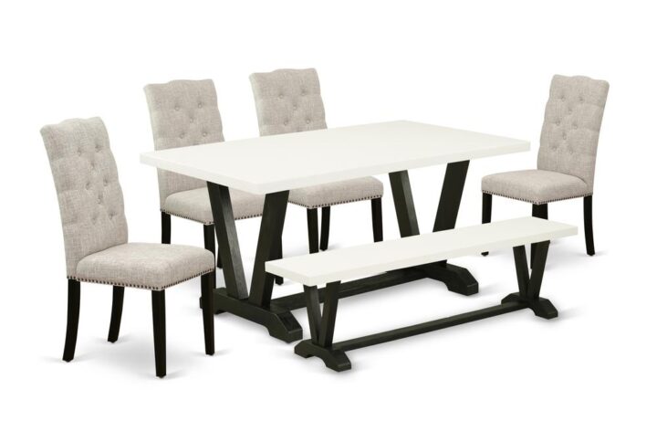 EAST WEST FURNITURE 6-PIECE DINETTE SET WITH 4 UPHOLSTERED DINING CHAIRS - MID CENTURY MODERN BENCH AND RECTANGULAR KITCHEN TABLE