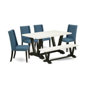 EAST WEST FURNITURE 6-PIECE RECTANGULAR DINING ROOM TABLE SET WITH 4 KITCHEN PARSON CHAIRS - MID CENTURY MODERN BENCH AND RECTANGULAR WOOD TABLE