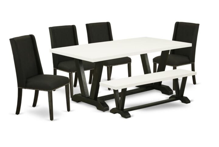 EAST WEST FURNITURE 6-PC DINETTE SET WITH 4 KITCHEN PARSON CHAIRS - MID CENTURY MODERN BENCH AND RECTANGULAR WOOD TABLE