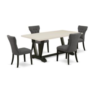 Our dining room set includes 4 mid century parson chairs and 1 wooden dining table. This wooden dining table has a rectangular table top and beautiful legs. The solid wood shape and soft padded back ensure that these dining chairs sturdiness and offers decent support to your back