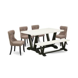EAST WEST FURNITURE 6-PC DINING TABLE SET- 4 REMARKABLE UPHOLSTERED DINING CHAIRS AND ONE DINING TABLE WITH WOODEN BENCH