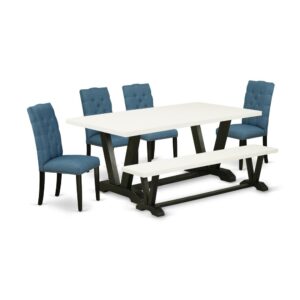 EAST WEST FURNITURE 6-PIECE RECTANGULAR TABLE SET WITH 4 PADDED PARSON CHAIRS - INDOOR BENCH AND RECTANGULAR WOOD DINING TABLE