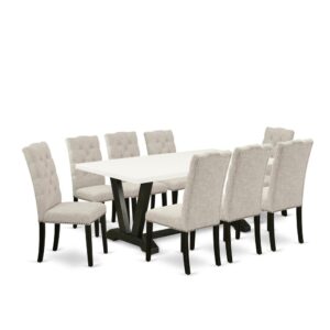 EAST WEST FURNITURE 9-PIECE DINING SET 8 BEAUTIFUL PARSON CHAIRS AND RECTANGULAR DINING TABLE This dining room table set includes 8 remarkable parson chairs and a great pedestal legs wood table. The modern dining table set delivers a Black solid wood dining table and frame and an excellent Doeskin parson dining chairs seat and high back that bring elegance to your dining-room and increase the elegance of your amazing dining room. The good quality of our wonderful chairs helps our lovely customers to get relaxation and feel free when getting their meal. This rectangular table crafted from high-quality rubber wood which can bear the weight of 300 Lbs. Our upholstered dining chairs have a wooden frame with a luxury seat of high-quality foam which is covered with Linen Fabric that delivers you relax with family or friends. This listing has a premium color of Linen White table top and Black finish for the modern dining table and Doeskin finishes 8 parson chairs. Our attractive premium colors increase the beauty of your living area and offer a magnificent appearance to your dining room or dining area. East West Furniture usually constructed from modern furniture along with easy assembling parts. We try to keep our furniture parts modern as well as simple. Our high-class kitchen table set is great for your stunning dining area as well as the kitchen. You can use it for casual home parties. Keep enjoying East West modern furniture!