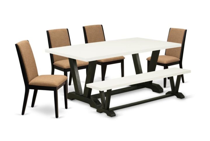 EAST WEST FURNITURE 6-PC DINING ROOM TABLE SET WITH 4 PARSON DINING ROOM CHAIRS - SMALL BENCH AND RECTANGULAR TABLE