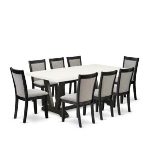 This dining room set includes 6 mid century parson dining room chairs and 1 rectangular table. This kitchen table has a rectangular table top and attractive legs. The hardwood body and soft padded back ensure that these parson dining chairs are sturdy and offer decent support to your back