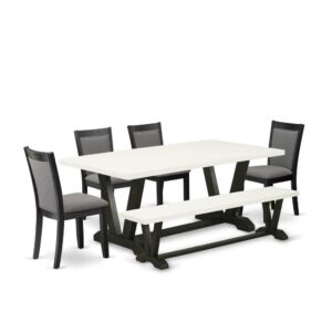 This 6-piece kitchen table set consists of 1 wooden dining table and rustic bench with 4 matching kitchen table chairs. The modern dining set is made of fine RubberWood for top quality and endurance. A rectangular-shaped dinner table and is developed in an innovative style with distinct aspects and linen fabric upholstered rustic dining chairs will attract everyone who comes to the dining area. The dining room table and mid century modern bench contain X-style legs to offer maximum stability during the dinner. The modern and stylish design of the dinning table set easily blends in any kitchen. The Upholstered seat of the wood chairs is made of linen fabric that improves the mid century dining table design. Our dinning table set is quite simple to clean with a damp cloth and always offers an elegant appeal. The installation process of our lavish dinning table set is not difficult and easy to operate. Each dinner table set comes conveniently with easy-to-follow instructions and all important equipment included. You simply need to follow the steps in the guide to accomplish the assembly in a short time.