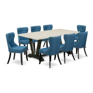 Our Kitchen Dining Set  Includes 8 Kitchen Chairs And 1 Wooden Dining Table. These Dining Room Chairs Have A Linen Fabric Seat