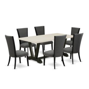 Our Dining Set  Adds A Touch Of Elegance To Any Dining Room That You And Your Family Will Absolutely Enjoy. The Elegant Table Set  Contains A Dining Table And 6 Kitchen Chairs. This Rectangular Modern Table Top Is Offered In A Linen White Finish. In Addition