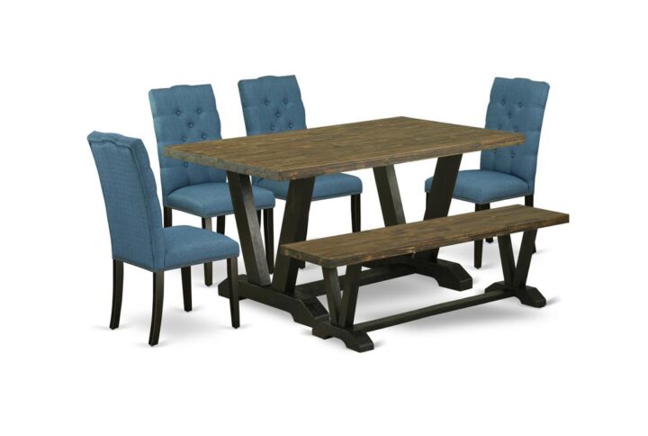 EAST WEST FURNITURE 6-PC MODERN DINING TABLE SET WITH 4 PARSON DINING CHAIRS - WOODEN BENCH AND KITCHEN RECTANGULAR TABLE