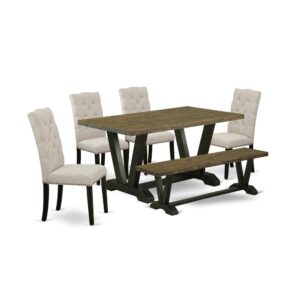 EAST WEST FURNITURE 6-PC DINETTE SET WITH 4 MODERN DINING CHAIRS - MID CENTURY MODERN BENCH AND KITCHEN RECTANGULAR TABLE