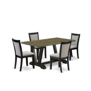 This kitchen dining set includes 4 mid century dining chairs and 1 rectangular dining table. This wood dining table has a rectangular table top and gorgeous wooden legs. The hardwood body and soft padded back ensure that these padded parson chairs are sturdy and offer decent support to your back