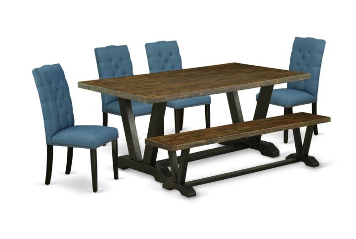 EAST WEST FURNITURE 6-PC DINING ROOM TABLE SET WITH 4 MODERN DINING CHAIRS - WOODEN BENCH AND RECTANGULAR KITCHEN TABLE