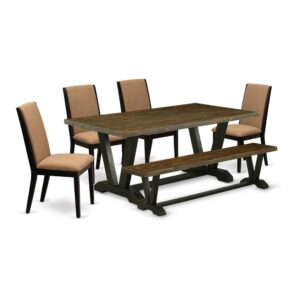 EAST WEST FURNITURE 6-PIECE DINING ROOM TABLE SET WITH 4 KITCHEN PARSON CHAIRS - WOODEN BENCH AND RECTANGULAR DINNG TABLE