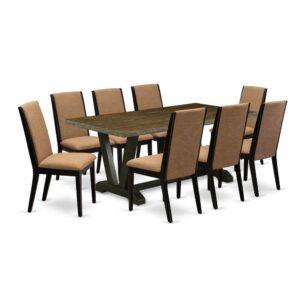 EAST WEST FURNITURE 9-PC DINING ROOM TABLE SET WITH 8 UPHOLSTERED DINING CHAIRS AND RECTANGULAR DINING TABLE