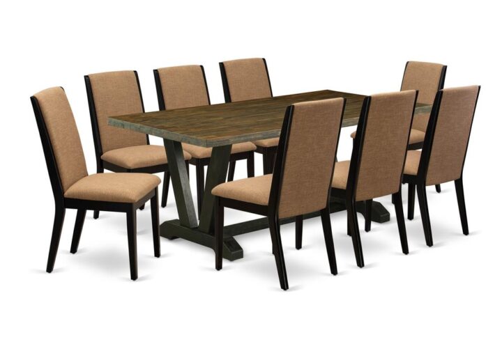 EAST WEST FURNITURE 9-PC DINING ROOM TABLE SET WITH 8 UPHOLSTERED DINING CHAIRS AND RECTANGULAR DINING TABLE