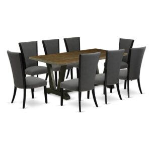 Our Dining Set  Adds A Touch Of Elegance To Any Dining Room That You And Your Family Will Absolutely Enjoy. The Elegant Modern Dining Set  Contains A Modern Table And 8 Upholstered Dining Chairs. This Rectangular Wooden Table Top Is Offered In A Distressed Jacobean Finish. In Addition