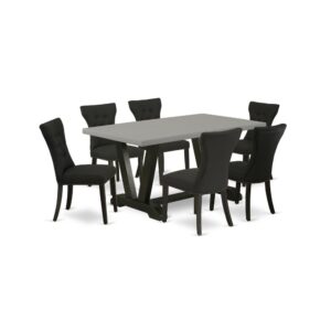 Our Dinner Table Set  Adds A Touch Of Elegance To Any Dining Room That You And Your Family Will Absolutely Enjoy. The Elegant Table Set  Consists Of A Wood Kitchen Table And 6 Dining Room Chairs. This Rectangular Wood Table Top Is Offered In A Cement Finish. In Addition