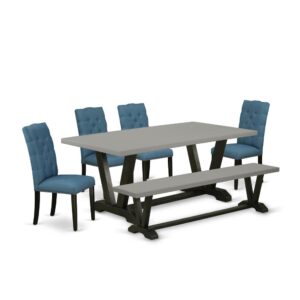 EAST WEST FURNITURE 6-PC KITCHEN SET WITH 4 MODERN DINING CHAIRS - KITCHEN BENCH AND RECTANGULAR MODERN DINING TABLE