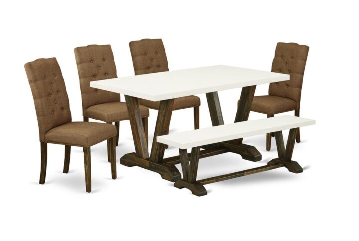 EAST WEST FURNITURE 6-PIECE RECTANGULAR TABLE SET WITH 4 DINING ROOM CHAIRS - SMALL BENCH AND RECTANGULAR WOOD DINING TABLE