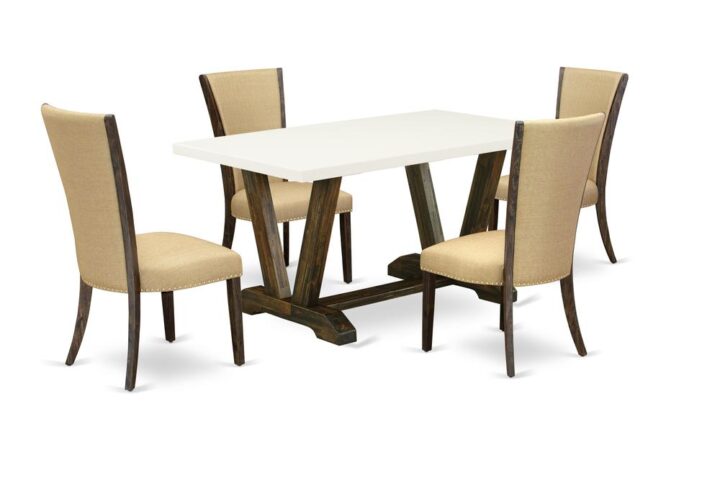 Introducing East West furniture's brand new  furniture set that can transform your house into a home. This exclusive and elegant kitchen set comes with a kitchen table combined with Upholstered Dining Chairs. Impressive wood texture with Distressed Jacobean and Linen White color and the rectangle shape design describes the sturdiness and durability of the dining table. The optimal dimensions of this dining table set made it quite simple to carry