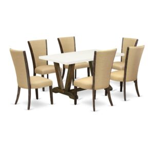 Introducing East West furniture's brand new  furniture set which can transform your house into a home. This special and fancy dining set comes with a dinette table combined with Upholstered Dining Chairs. Splendid wood texture with Distressed Jacobean and Linen White color and the rectangular shape design specifies the sturdiness and durability of the kitchen table. The optimal dimensions of this dining table set made it quite simple to carry