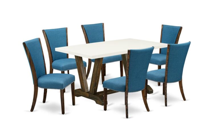 Introducing East West furniture's latest  furniture set that can convert your house into a home. This distinctive and sophisticated kitchen set consists of a dining table combined with Parsons Dining Room Chairs. Splendid wood texture with Distressed Jacobean and Linen White color and the rectangle shape design defines the sturdiness and sustainability of the dining table. The ideal dimensions of this dining table set made it quite simple to carry