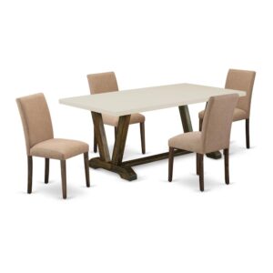 This Dining Table And Kitchen Chairs Consist Of 4 Modern Chairs And A Kitchen Dining Table. This Rectangular Table Has A Rectangular Top And Beautiful Legs. The Dining Chairs Have A Linen Fabric Seat And A Stylish High Back. The Seat Of Our Modern Chairs Offers A Good Sitting Experience And A Stylish High Back To Fit Your Back Perfectly For The Backrest. The Kitchen Chairs In This Dining Area Consist Of Legs. The Color Of The Seat Of The Mid Century Chair Is Light Sable And The Wooden Legs Are Distressed Jacobean. The Top Color Of The Kitchen Table Is Off-White And The Wooden Legs Are Distressed Jacobean. The Dining Room Table Set  Is Made Of Solid Wood. This Wood Is Also Called Rubber Wood. This Wood Always Provides Durability And Strength. This Wooden Dining Table And Mid-Century Dining Chairs Give More Balance With The Help Of Legs Because This Is Made Of Rubber Wood. Make Your Completely Dining Room Set  Stronger. You Can Use This Dining Table And Kitchen Chairs For A Long Time. You Can Move Our Mid-Century Dining Chairs Under The Modern Dining Table When You Finish Your Meal. Easy To Assemble These Upholstered Chairs And Dining Table. You Only Need To Take About 30-40 Minutes To Assemble Each Kitchen Table Set . This Dinette Set  Comes With All The Necessary Tools. This Dining Room Table Set  Cleans Easily Because This Modern Dining Table Set  Design Has Smooth. You Can Easily Clean This Set  With Any Brush And Dust Cleaner Cloth. You Can Clean This Dinette Set  Within A Few Minutes. These Kitchen Dining Room Chairs Match Any Room Decor Because Of Their Style. This Dinette Set  Offers An Always-Fresh Look And Attracts Any Person Who Comes To Your Home.