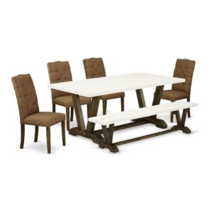 EAST WEST FURNITURE 6-PC MODERN DINING TABLE SET WITH 4 PARSON DINING ROOM CHAIRS - WOODEN BENCH AND RECTANGULAR dining table
