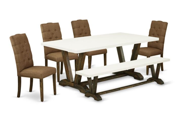 EAST WEST FURNITURE 6-PC MODERN DINING TABLE SET WITH 4 PARSON DINING ROOM CHAIRS - WOODEN BENCH AND RECTANGULAR dining table