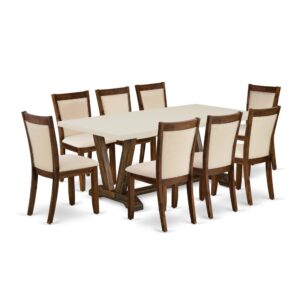 Our Modern Living Room Table Set  Includes 1 Modern Dinning Room Table And 8 Kitchen Chairs. This Modern Wooden Table Has A Rectangular Tabletop And Gorgeous V-Style Legs. The Hardwood Frame And Softly Padded Seat And Back Ensure That These Padded Kitchen Chairs Sturdiness And Offer Suitable Support To Your Back. In Addition To Their Ideal Size