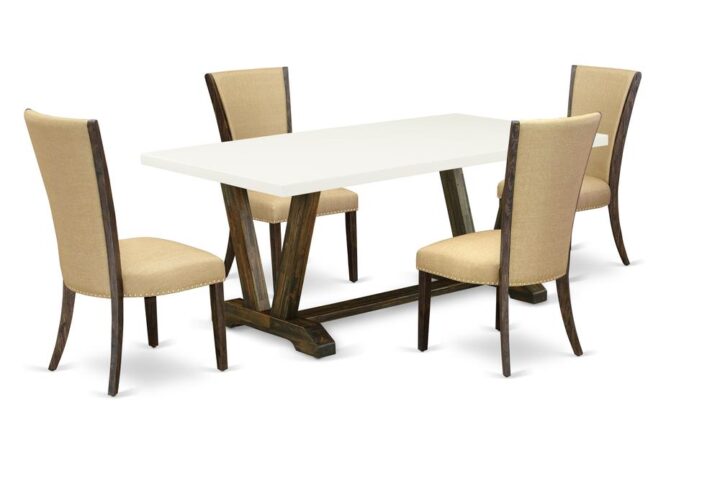 Introducing East West furniture's brand new  furniture set that can convert your house into a home. This exclusive and sophisticated kitchen set contains a kitchen table combined with Upholstered Dining Chairs. Impressive wood texture with Distressed Jacobean and Linen White color and the rectangular shape design defines the sturdiness and longevity of the dining table. The ideal dimensions of this kitchen table set made it quite simple to carry