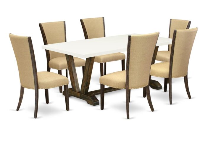 Introducing East West furniture's new  furniture set which can turn your house into a home. This particular and cutting edge kitchen set includes a dining table combined with Parsons Dining Chairs. Splendid wood texture with Distressed Jacobean and Linen White color and the rectangular shape design defines the strength and sustainability of the kitchen table. The ideal dimensions of this kitchen table set made it quite simple to carry