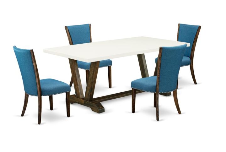 Introducing East West furniture's brand new  home furniture set that can transform your house into a home. This distinctive and elegant kitchen set includes a dinette table combined with Upholstered Dining Chairs. Splendid wood texture with Distressed Jacobean and Linen White color and the rectangle shape design specifies the stability and longevity of the kitchen table. The perfect dimensions of this dining table set made it quite simple to carry