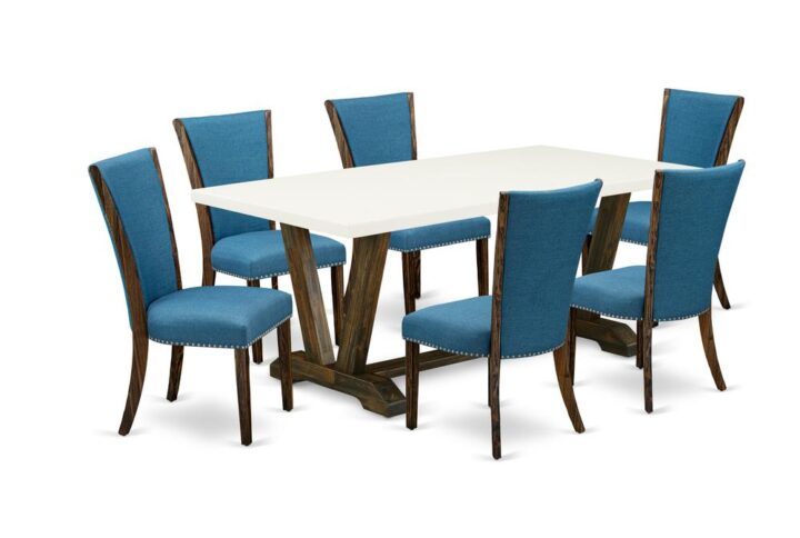 Introducing East West furniture's new  furniture set that can transform your house into a home. This distinctive and stylish kitchen set contains a dinette table combined with Parsons Dining Room Chairs. Splendid wood texture with Distressed Jacobean and Linen White color and the rectangular shape design specifies the sturdiness and durability of the kitchen table. The perfect dimensions of this dining table set made it quite simple to carry