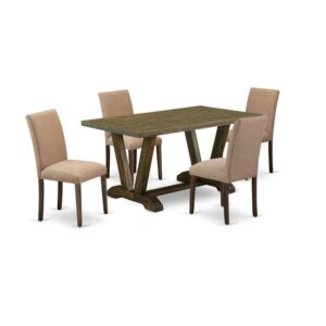 This Dining Room Table Set  Includes 4 Upholstered Chairs And A Dining Table. This Wood Dining Table Has A Rectangular Top And Beautiful Legs. The Dining Room Chairs Have A Linen Fabric Seat And A Stylish High Back. The Seat Of Our Kitchen Chairs Gives A Good Sitting Experience And A Stylish High Back To Fit Your Back Perfectly For The Backrest. Dining Room Chairs In This Dining Room Consist Of 4 Legs. The Color Of The Mid Century Modern Dining Chairs Seat Is Light Sable And The Stylish Back Is Light Sable. The Top Color Of The Wooden Dining Table Is Distressed Jacobean And The Wooden Legs Are Distressed Jacobean. The Wooden Dining Table Set  Is Made Of Solid Wood. This Wood Is Also Called Rubber Wood. This Wood Always Gives Durability And Strength. This Rectangular Table And Mid Century Modern Chairs Give More Balance With The Help Of Legs Because This Is Made Of Rubber Wood. Make Your Completely Dining Room Set  Stronger. You Can Use This Dining Room Table Set  For A Long Time. You Can Move Our Kitchen Chairs Under The Kitchen Table When You Finish Your Meal. Easy To Assemble These Kitchen Chairs And A Rectangular Dining Table. You Only Need To Take About 30-40 Minutes To Assemble Each Kitchen Dining Room Chair. This Modern Dining Table Set  Comes With All The Necessary Tools. This Dining Room Table Set  Clean Easily Because This Kitchen Dining Room Chair Design Has Smoothed. You Can Simply Clean This Set  With Any Brush And Dust Cleaner Cloth. You Can Clean This Kitchen Table Set  Within A Few Minutes. This Dining Set  Matches Any Room Decor Because Of Its Style. This Kitchen Dining Table Set  Offers An Always-Fresh Look And Attracts Any Person Who Comes To Your Home.