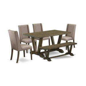 EAST WEST FURNITURE 6-PC MODERN DINING TABLE SET WITH 4 DINING CHAIRS - WOOD BENCH AND RECTANGULAR WOOD TABLE