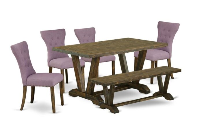 EAST WEST FURNITURE 6-PIECE MODERN DINING TABLE SET WITH 4 KITCHEN PARSON CHAIRS - WOODEN BENCH AND RECTANGULAR MODERN DINING TABLE