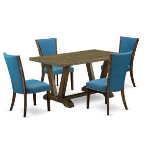 Introducing East West furniture's new  furniture set which can convert your house into a home. This exclusive and elegant kitchen set contains a dinette table combined with Upholstered Dining Chairs. Splendid wood texture with Distressed Jacobean color and the rectangle shape design describes the resilience and durability of the dining table. The perfect dimensions of this kitchen table set made it quite simple to carry