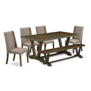 EAST WEST FURNITURE 6-PC DINETTE SET WITH 4 MODERN DINING CHAIRS - DINING BENCH AND RECTANGULAR DINING TABLE