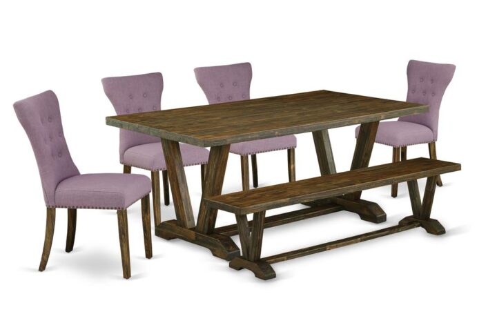 EAST WEST FURNITURE 6-PIECE DINETTE SET WITH 4 DINING ROOM CHAIRS - SMALL BENCH AND RECTANGULAR WOOD TABLE