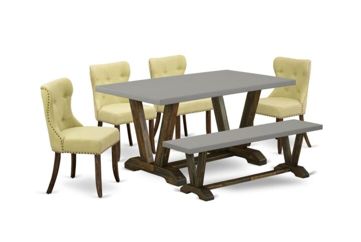 EAST WEST FURNITURE 6-PC DINING ROOM TABLE SET- 4 WONDERFUL DINING PADDED CHAIRS AND ONE MODERN RECTANGULAR DINING TABLE WITH SMALL BENCH