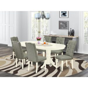 This dining table set includes 6 amazing parson dining chairs and a great double pedestal legs oval table. The modern dining room set provides a Linen White hardwood dining table and frame and an excellent Smoke parson chairs seat and high back that bring elegance to your dining room and enhance the elegance of your amazing dining area. The prime quality of our attractive chairs helps our wonderful customers to get relaxation and feel free when getting their meal. This butterfly leaf dinette table manufactured from good quality rubber wood which can bear the weight of 300 Lbs. Our parson dining chairs have a wooden structure with a luxury seat of high-quality foam which is covered with Linen Fabric that gives you relaxation with friends or family. This listing has a premium color of Linen White finish for living room table and Smoke finish of parson chairs. Our attractive premium colors boost the beauty of your living area and provide a magnificent look to your living area or dining area. East West Furniture always constructed from modern furniture along with easy assembling parts. We try to keep our furniture parts modern as well as simple. Our high-class kitchen table set is perfect for your beautiful living area as well as the kitchen. You can use it for casual home parties. Keep enjoying East West modern furniture!