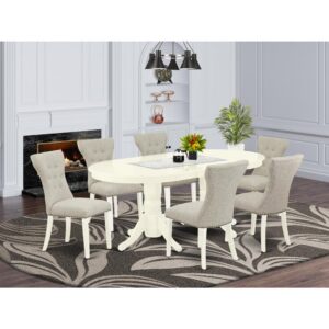 This dining room set includes 6 wonderful parson chairs and a fantastic double pedestal legs dinette table. The modern dining set provides a Linen White hardwood wood dining table and frame and a fantastic Doeskin Kitchen Parson Chairs seat and high back that bring magnificence to your dining-room and increase the elegance of your amazing living area. The good quality of our attractive chairs helps our beautiful customers to get relaxation and feel free when getting their meal. This butterfly leaf dining table manufactured from high-quality rubber wood which can bear the weight of 300 Lbs. Our parson dining chairs have a wooden structure with a luxury seat of good quality foam which is covered with Linen Fabric that provides you relaxation with family or friends. This listing has a premium color of Linen White finish for small dining table and Doeskin finish parson dining chairs. Our beautiful premium colors improve the beauty of your dining-room and provide a magnificent look to your dining area or dining area. East West furniture usually built from modern furniture along with easy assembling parts. We try to keep our furniture parts innovative as well as simple. Our high class kitchen set is great for your amazing living area as well as the kitchen. You can use it for casual home parties. Keep enjoying East West modern furniture!