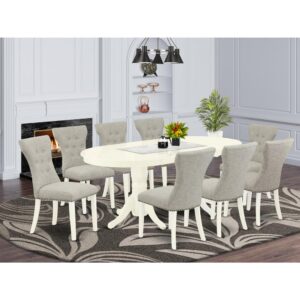 Our dinette set includes 8 incredible parson dining chairs and an incredible double pedestal legs dining table. The modern dining table set gives a Linen White solid wood dining table and frame and a great Doeskin Padded Parson Chairs seat and high back that bring elegance to your dining room and enhance the elegance of your amazing dining area. The premium quality of our lovely chairs helps our beautiful customers to get relaxation and feel free when getting their meal. This butterfly leaf dining table manufactured from premium quality rubber wood which can bear the weight of 300 Lbs. Our upholstered dining chairs have a wooden structure with a luxury seat of good quality foam which is covered with Linen Fabric that provides you relaxation with family or friends. This listing has a premium color of Linen White finish for small oval table and Doeskin finish of parson dining room chairs. Our beautiful premium colors enhance the beauty of your dining room and provide a magnificent appearance to your dining room or dining area. East West Furniture usually created from modern furniture along with easy assembling parts. We try to keep our furniture parts innovative as well as simple. Our high-class dinette set is ideal for your amazing dining area as well as the kitchen. You can use it for casual home parties. Keep enjoying East West modern furniture!