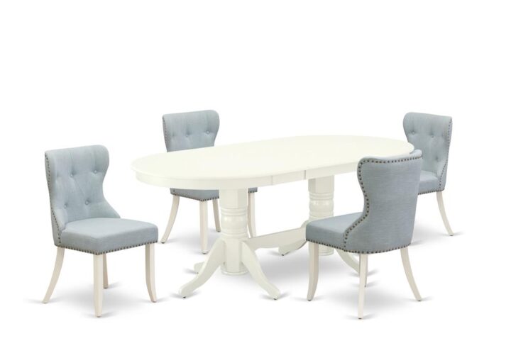 East West Furniture VASI5-LWH-15 of 4 pieces of indoor dining chairs with Linen Fabric Baby Blue color and an eye-catching dinner table with Linen White color