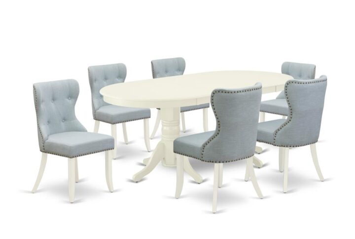 East West Furniture VASI7-LWH-15 of six pieces of indoor dining chairs with Linen Fabric Baby Blue color and a delightful double pedestal two-side 17 butterfly leaf oval kitchen table with Linen White color