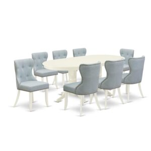 East West Furniture VASI9-LWH-15 of eight pieces of indoor dining chairs with Linen Fabric Baby Blue color and an eye-catching modern dining table with Linen White color
