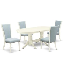 East West Furniture VAVE5-LWH-15 of 4 pieces of parson chairs with Linen Fabric Baby Blue color and a wonderful double pedestal two-side 17 butterfly leaf oval dining table with Linen White color